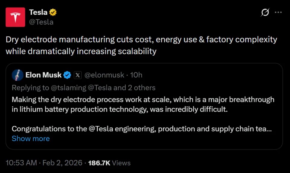 特斯拉干电极电池实现规模化量产，马斯克称其为“极高难度的重大突破”