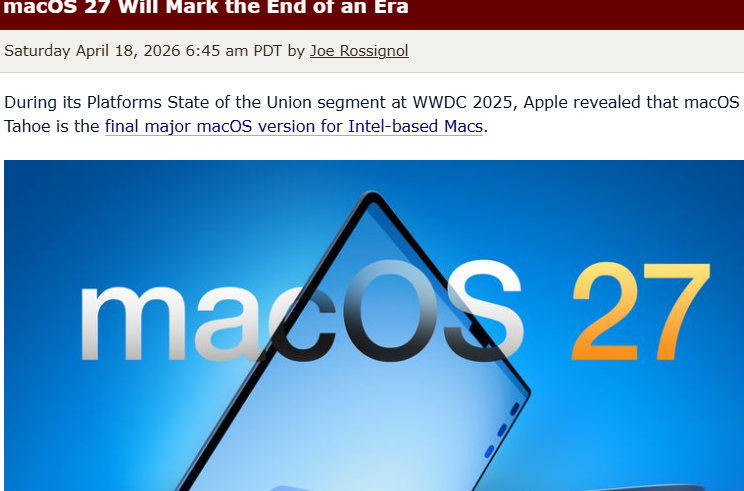macOS 27全面转向自研芯片，苹果终结英特尔Mac时代