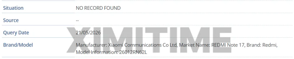 REDMI Note 17现身GSMA数据库，小米或迎命名体系大变革