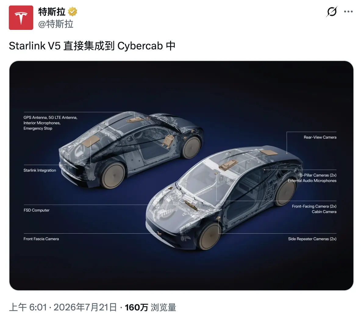 特斯拉Cybercab确认集成星链V5，马斯克称可看4K视频