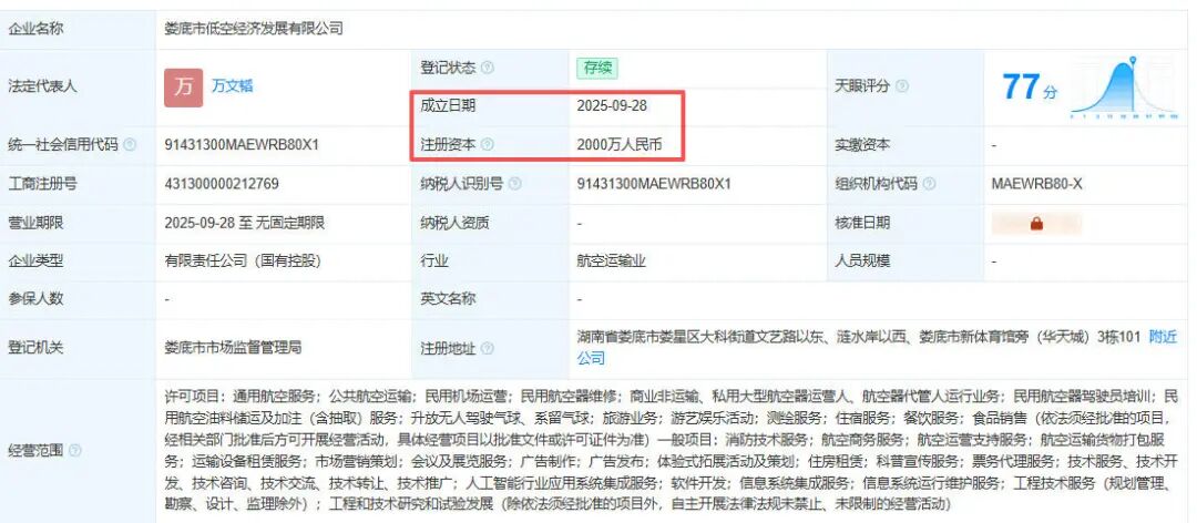 国有控股，注册资本2000万，2025年9月28日，娄底市低空经济发展有限公司成立图12