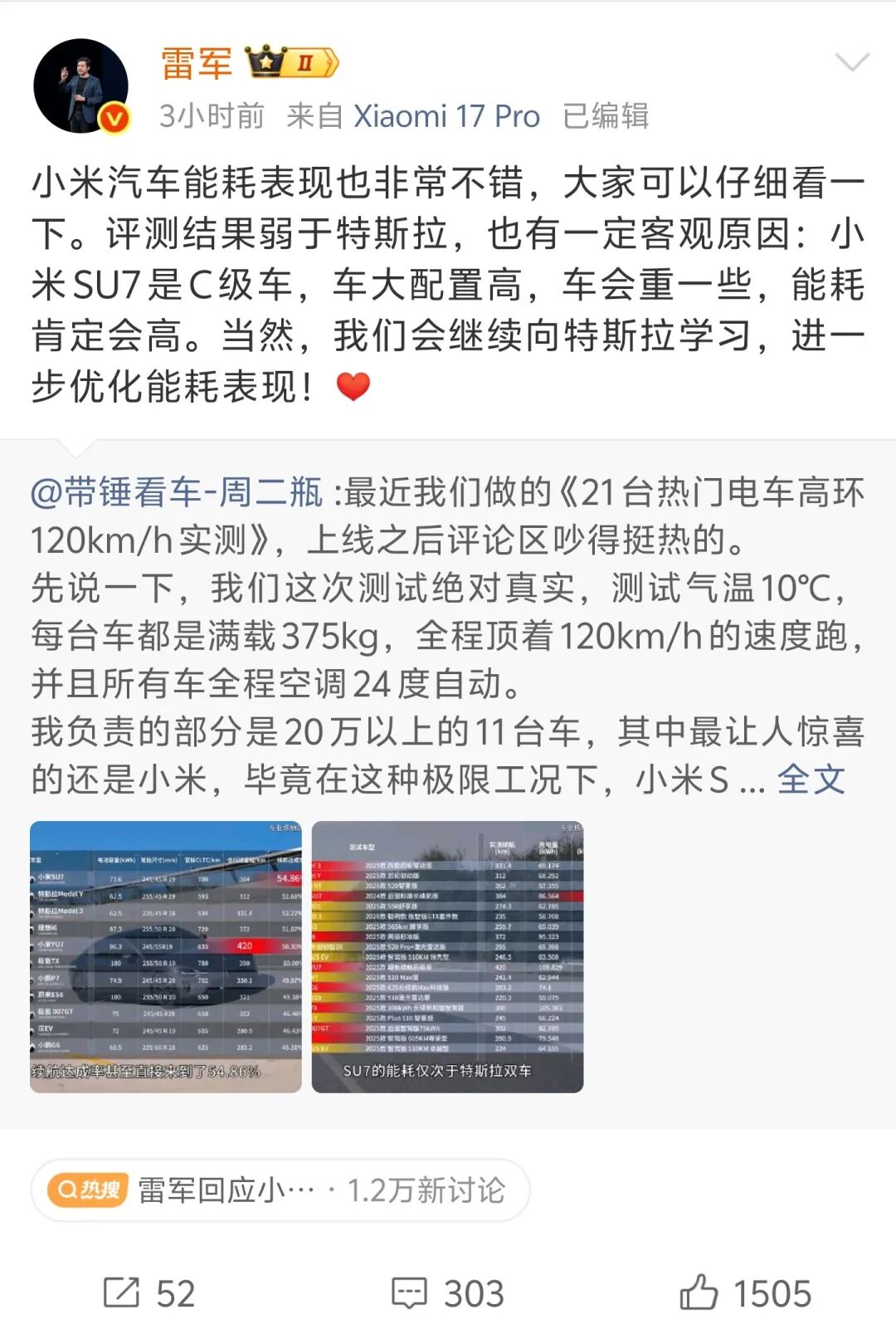 小米汽车拿下续航第一,雷军兴奋回应,冲上热搜图9