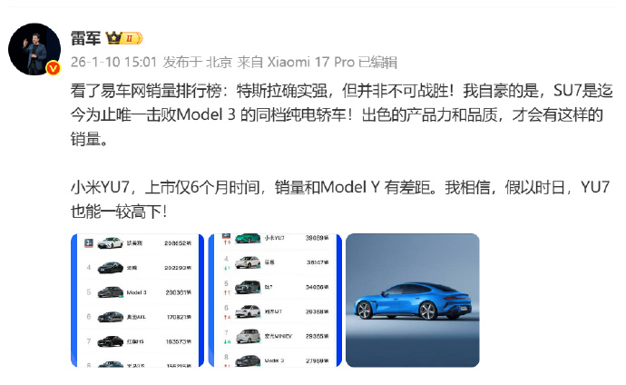 雷军：小米SU7击败了特斯拉图1