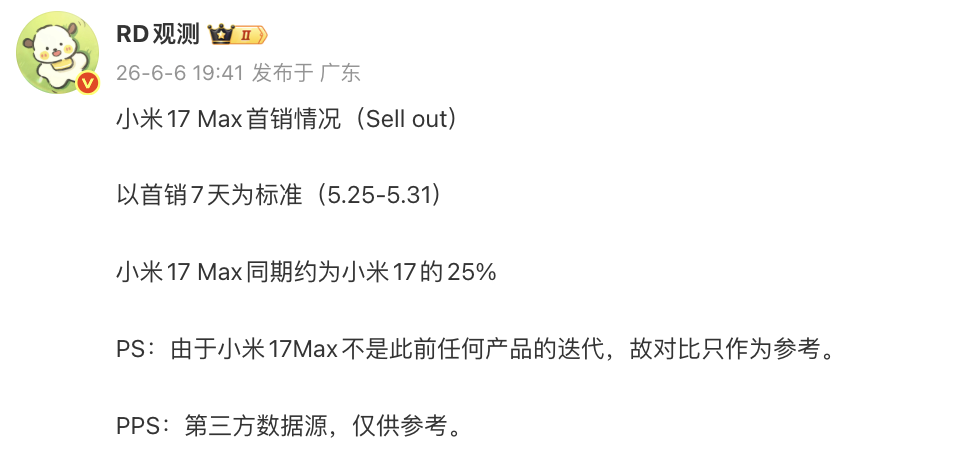 小米17Max销量曝光 | OPPO/一加过万毫安时大电池新机在路上图1