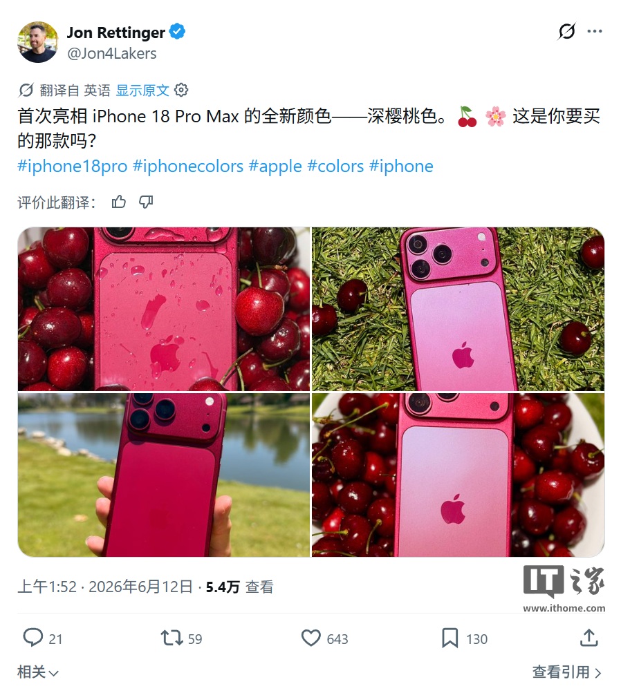 苹果iPhone 18 Pro Max再曝，深樱桃等三色惹眼图3