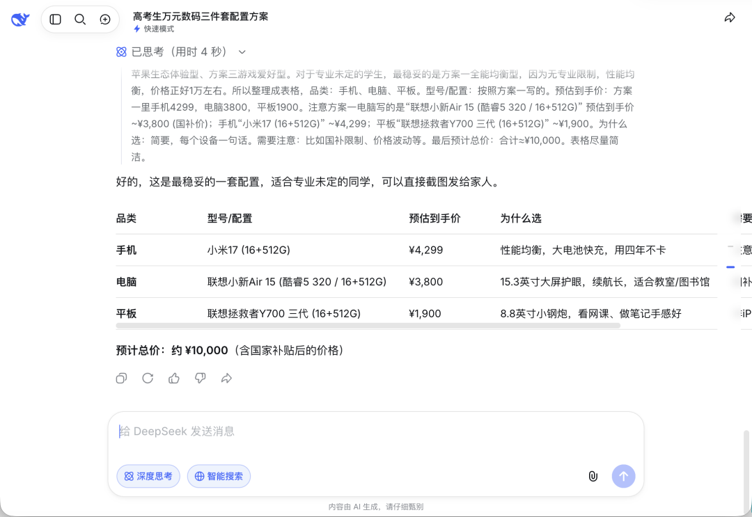 1万买齐数码三件套?AI推荐挑战:豆包/DS/千问/kimi/元宝谁靠谱?图5