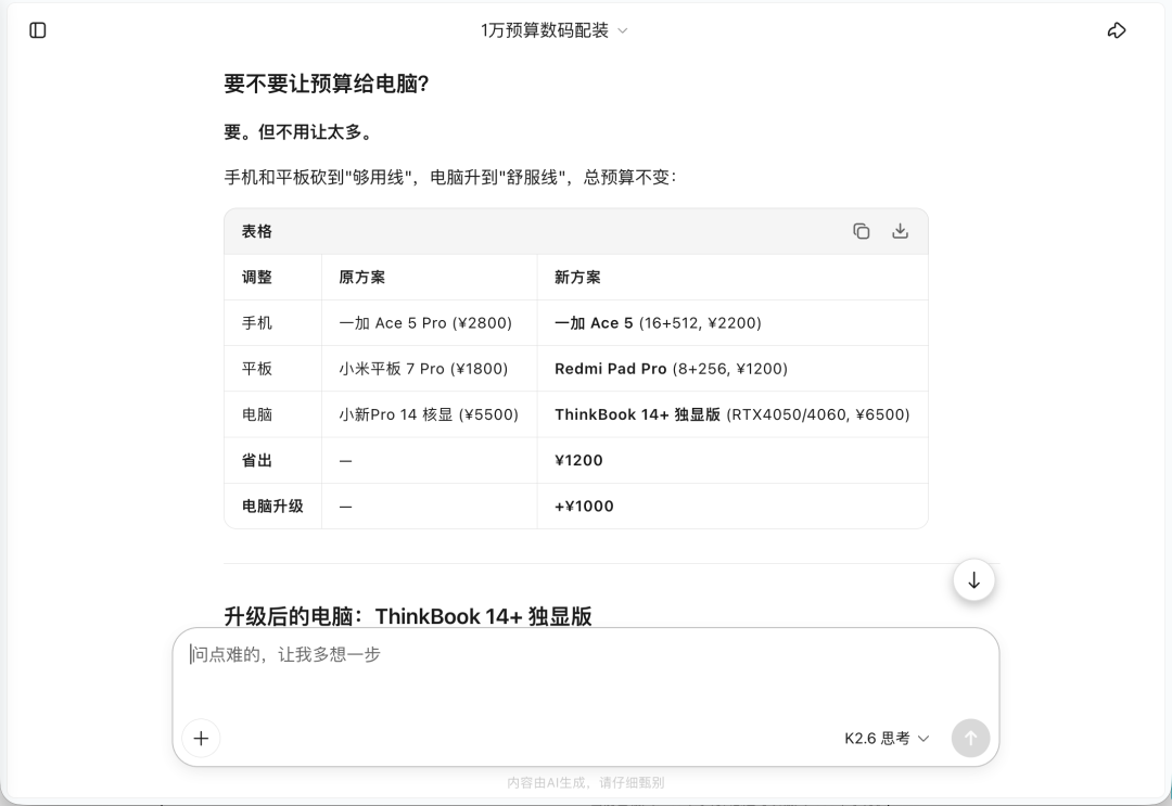 1万买齐数码三件套?AI推荐挑战:豆包/DS/千问/kimi/元宝谁靠谱?图12
