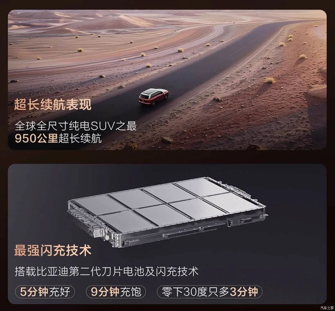第二代刀片电池+闪充,后轮转向+双腔空悬,最高续航950km,王朝网旗舰SUV来了!图30