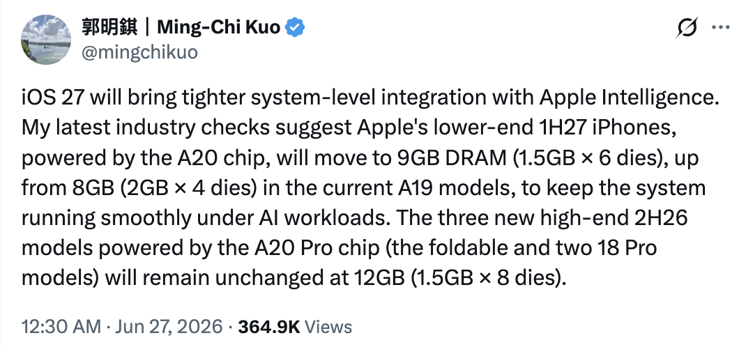 曝iPhone18配备9GB运存 | 九月三家新SoC混战？图1