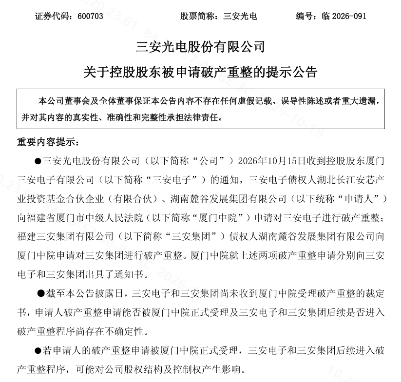三安光电控股股东被申请破产重整图2